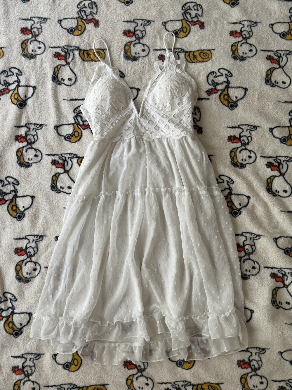 White Lace & Swiss Dot Tiered Mini Dress